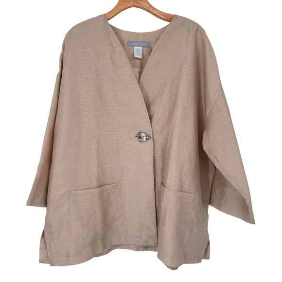 Modern Soul Womens Beige Linen Blend Jacket Pockets Unique Button Size Large - Picture 1 of 13